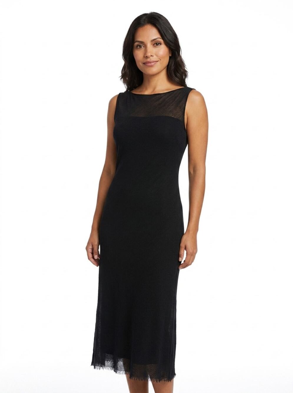 Tahari Black Boat Neck Fringed Hem Midi Dress Women See Measurements